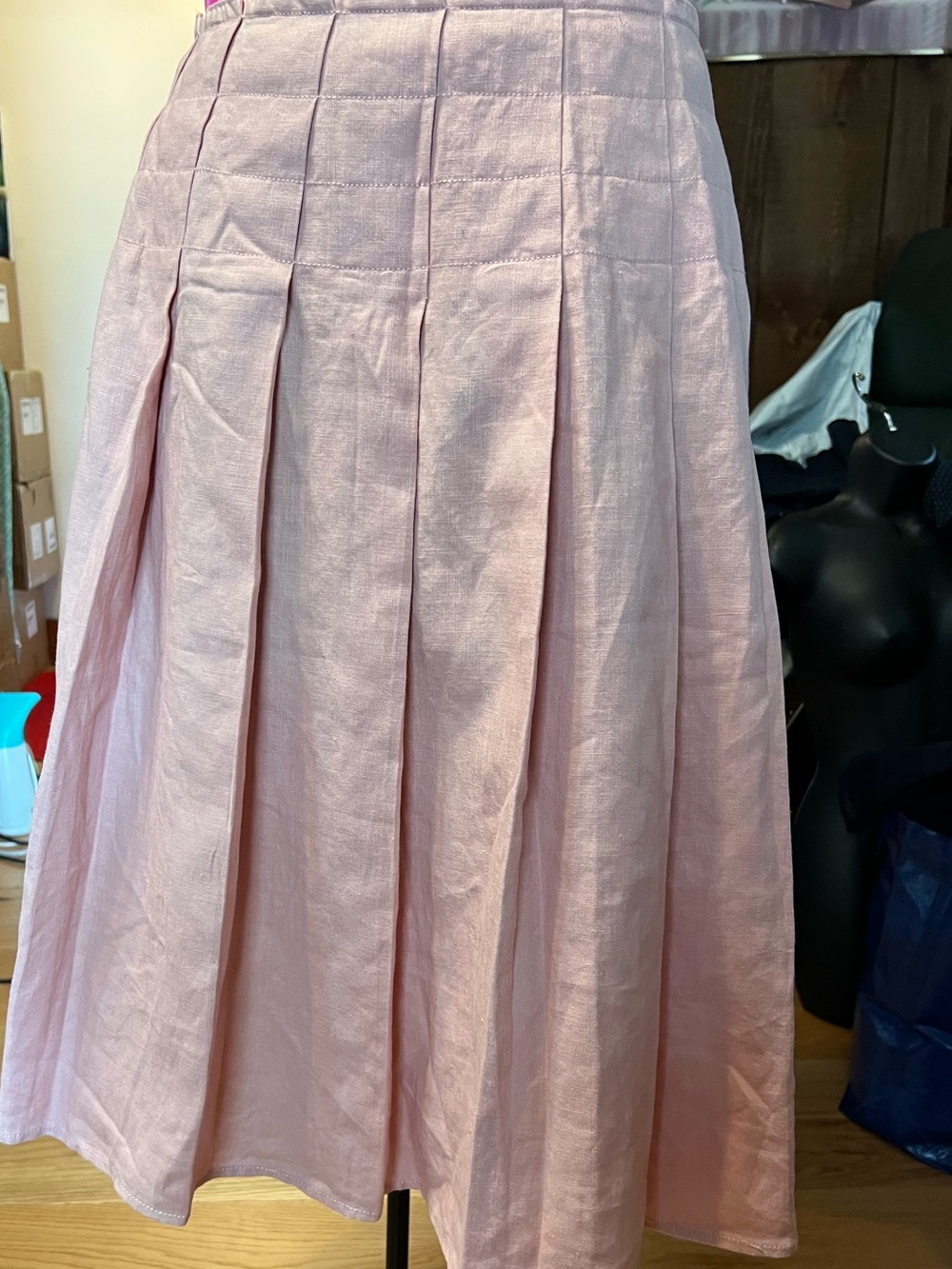 DKNY Pink Pleated A-Line Linen Midi Skirt